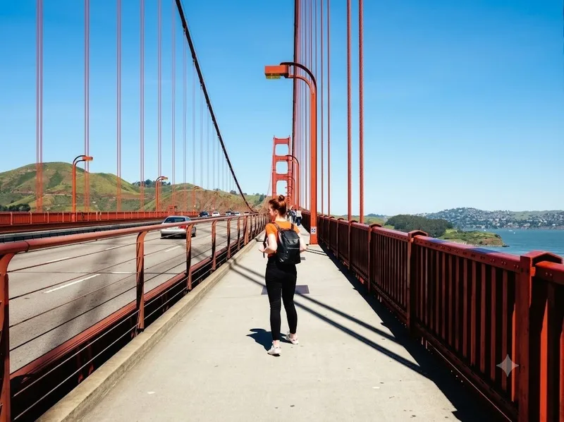 Du khách đi bộ trên cầu Cổng Vàng và ngắm cảnh vịnh San Francisco.
